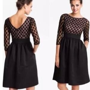 ELIZA J POLKA DOT SHEER MESH BODICE BABYDOLL DRESS 3/4 SLEEVE BLACK Size 16